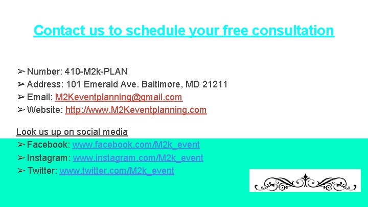 Contact us to schedule your free consultation ➢ Number: 410 -M 2 k-PLAN ➢