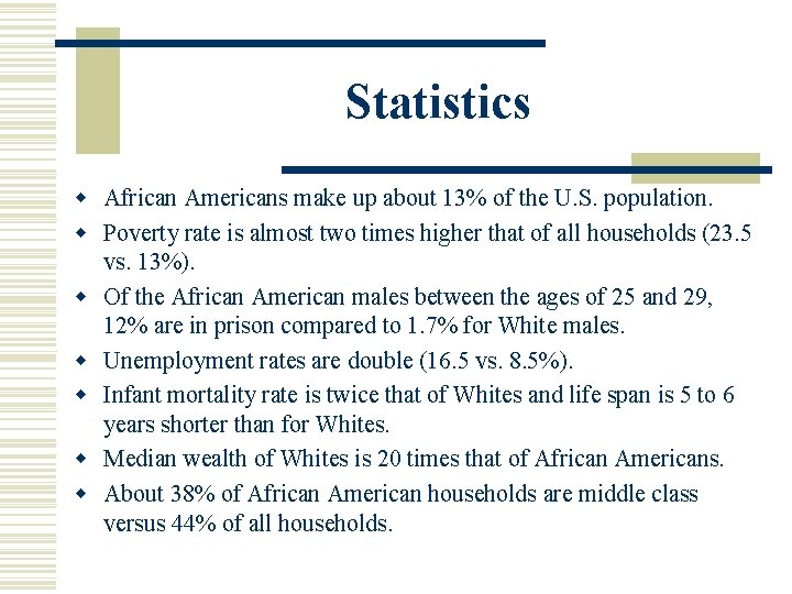 Statistics w African Americans make up about 13% of the U. S. population. w