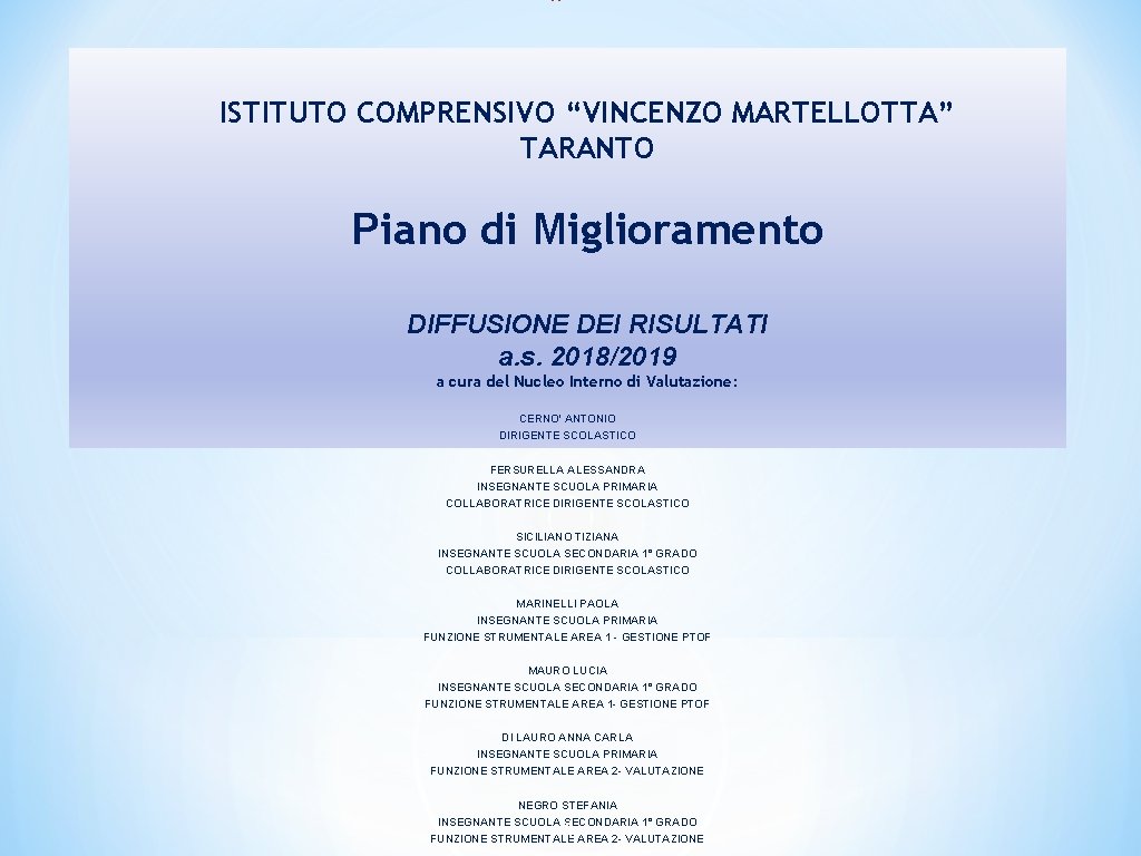 * ISTITUTO COMPRENSIVO “VINCENZO MARTELLOTTA” TARANTO Piano di Miglioramento DIFFUSIONE DEI RISULTATI a. s.