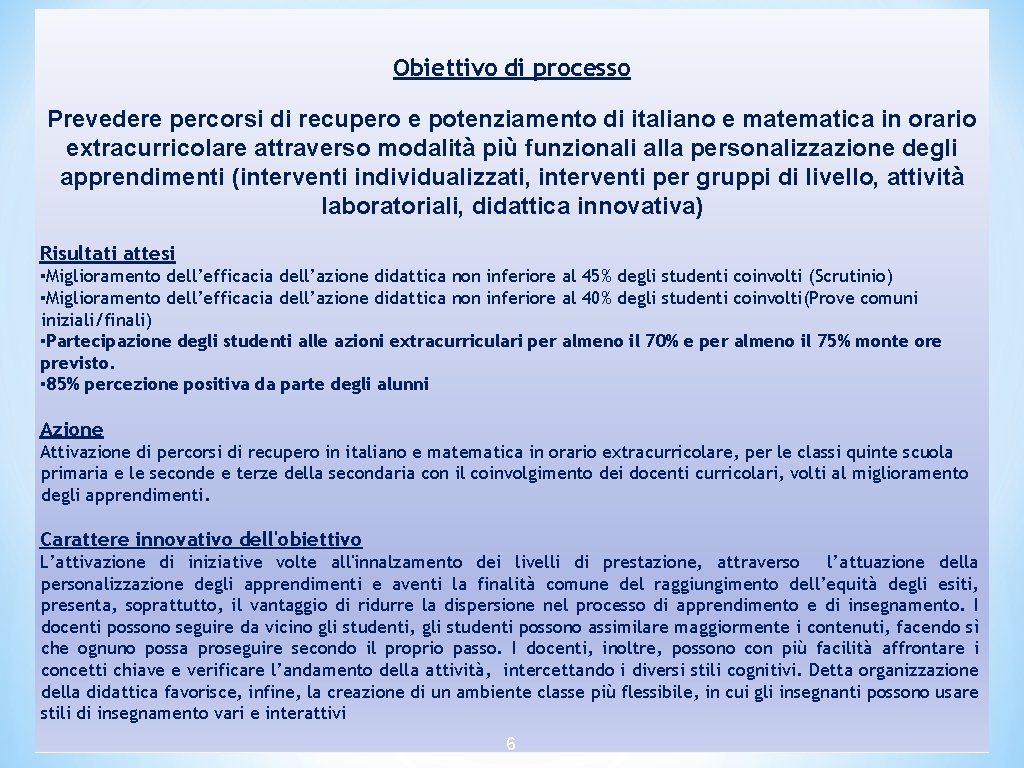 Obiettivo di processo Prevedere percorsi di recupero e potenziamento di italiano e matematica in