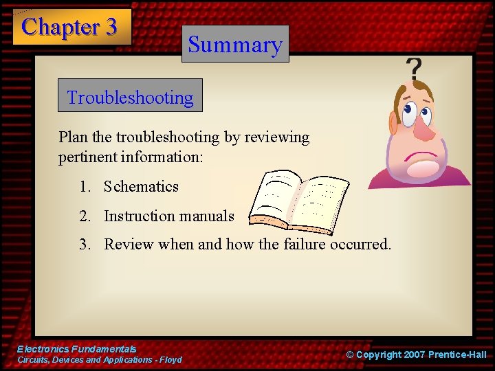 Chapter 3 Summary Troubleshooting Plan the troubleshooting by reviewing pertinent information: 1. Schematics 2.