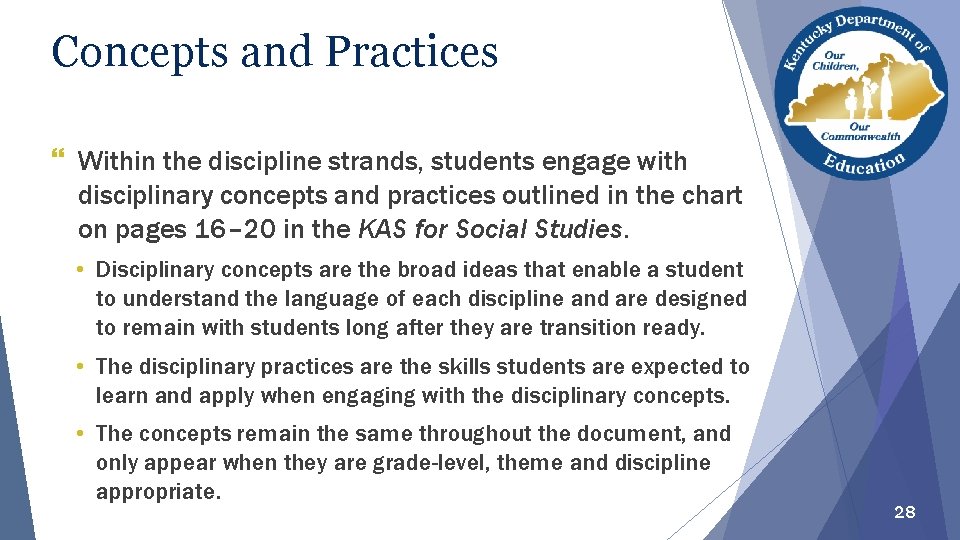 Concepts and Practices Within the discipline strands, students engage with disciplinary concepts and practices