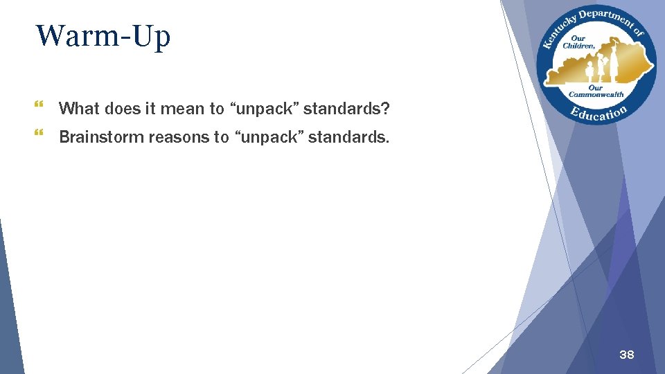 Warm-Up What does it mean to “unpack” standards? Brainstorm reasons to “unpack” standards. 38