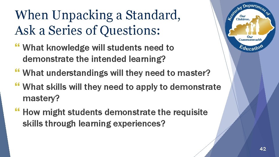When Unpacking a Standard, Ask a Series of Questions: What knowledge will students need
