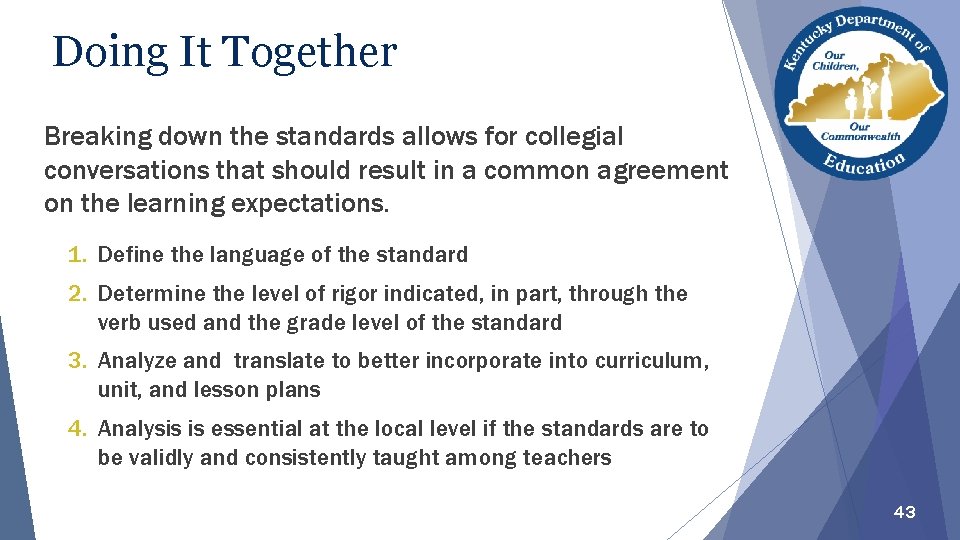 Doing It Together Breaking down the standards allows for collegial conversations that should result