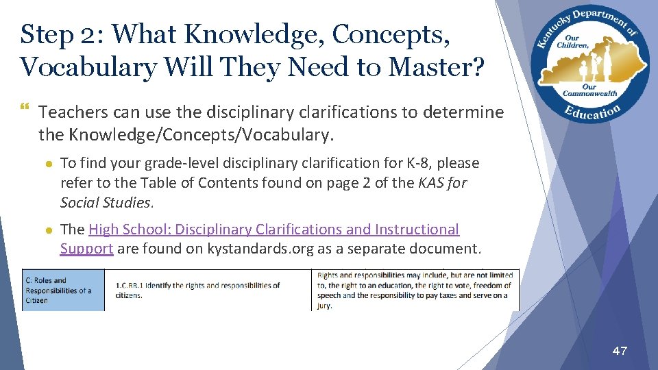 Step 2: What Knowledge, Concepts, Vocabulary Will They Need to Master? Teachers can use