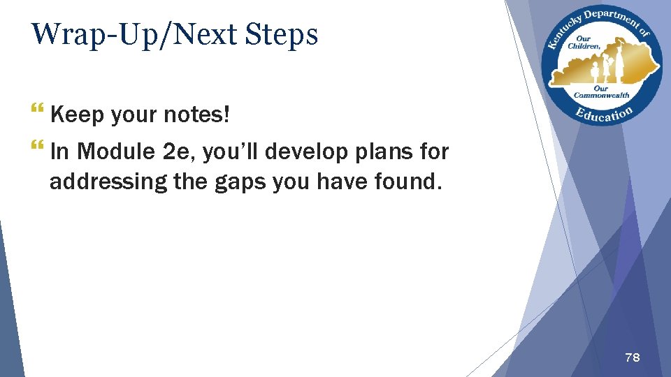 Wrap-Up/Next Steps Keep your notes! In Module 2 e, you’ll develop plans for addressing