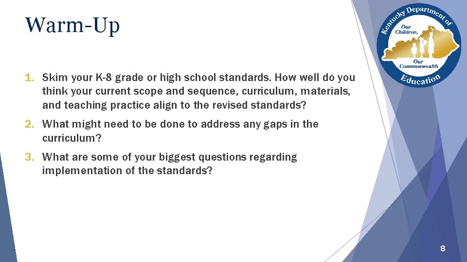 Warm-Up 1. Skim your K-8 grade or high school standards. How well do you