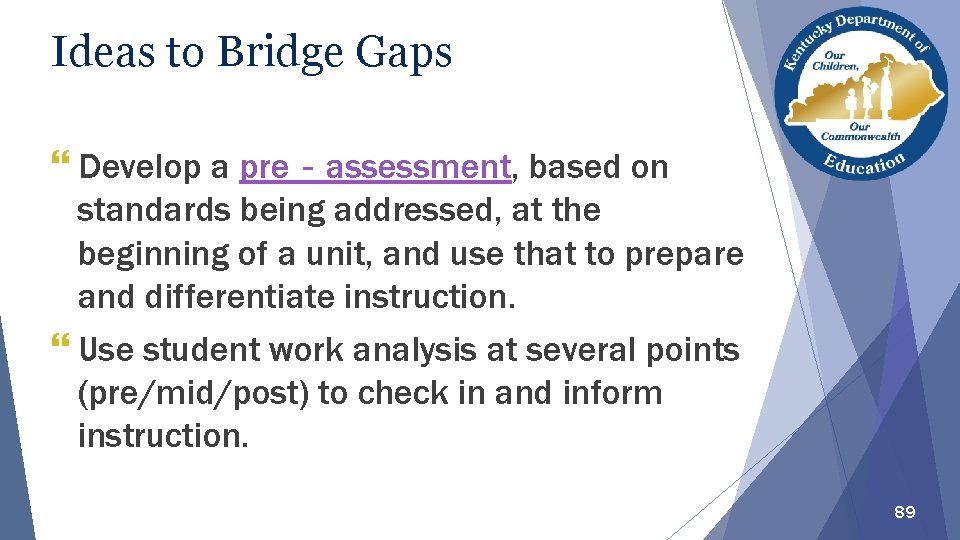 Ideas to Bridge Gaps Develop a pre‐assessment, based on standards being addressed, at the