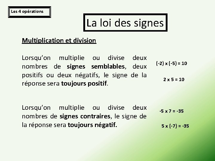 Les 4 opérations La loi des signes Multiplication et division Lorsqu’on multiplie ou divise