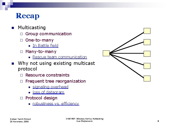 Recap n Multicasting Group communication ¨ One-to-many ¨ n ¨ Many-to-many n n In