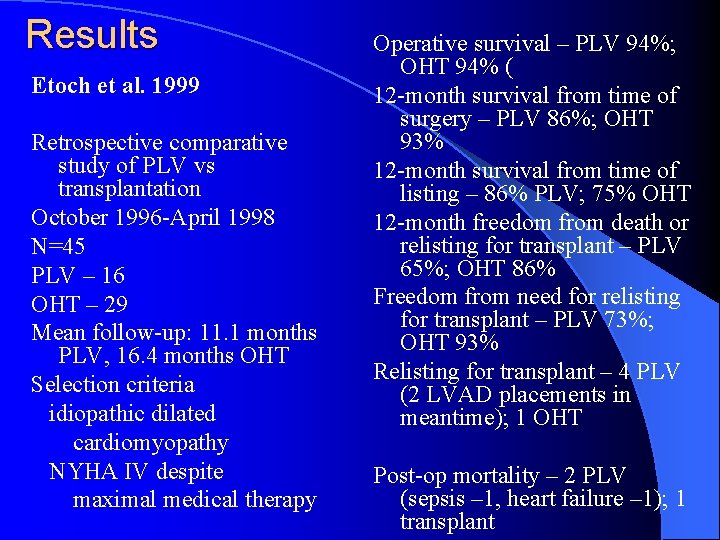 Results Etoch et al. 1999 Retrospective comparative study of PLV vs transplantation October 1996