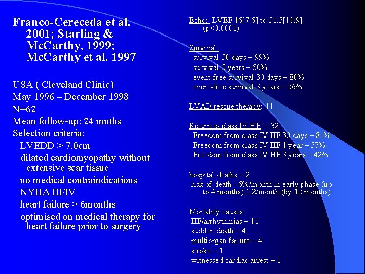 Franco-Cereceda et al. 2001; Starling & Mc. Carthy, 1999; Mc. Carthy et al. 1997