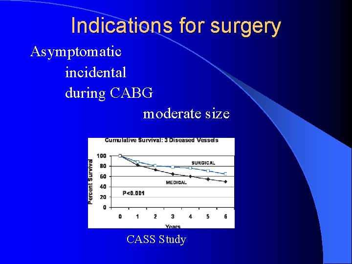 Indications for surgery Asymptomatic incidental during CABG moderate size CASS Study 