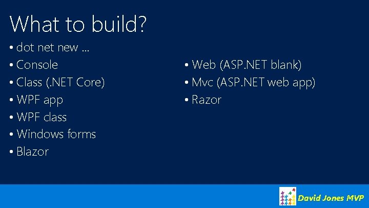 What to build? • dot new … • Console • Class (. NET Core)