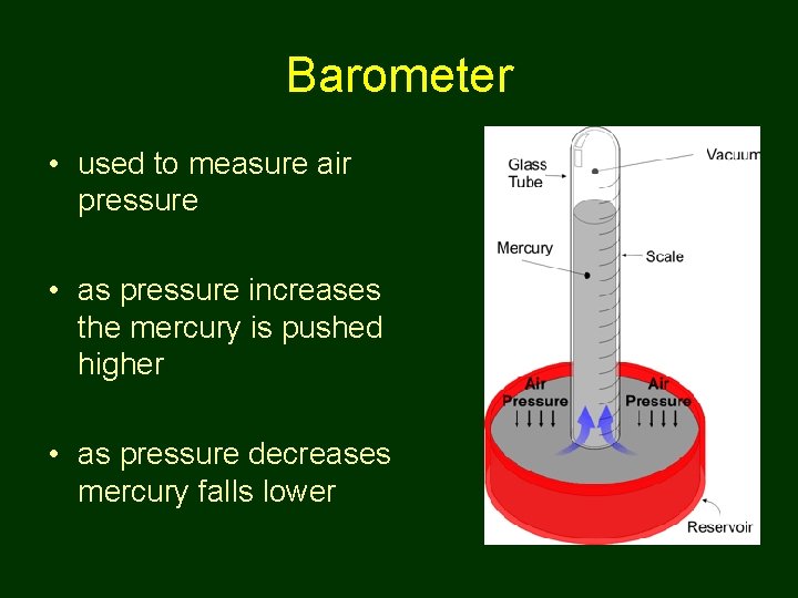 Barometer • used to measure air pressure • as pressure increases the mercury is