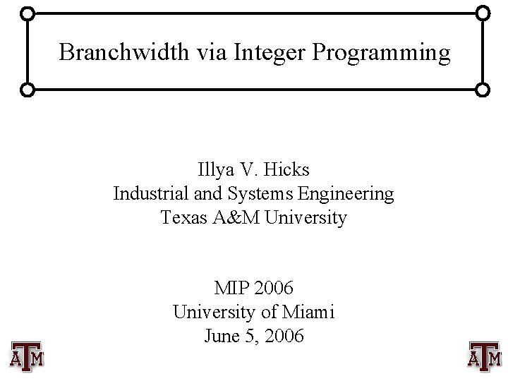 Branchwidth via Integer Programming Illya V. Hicks Industrial and Systems Engineering Texas A&M University