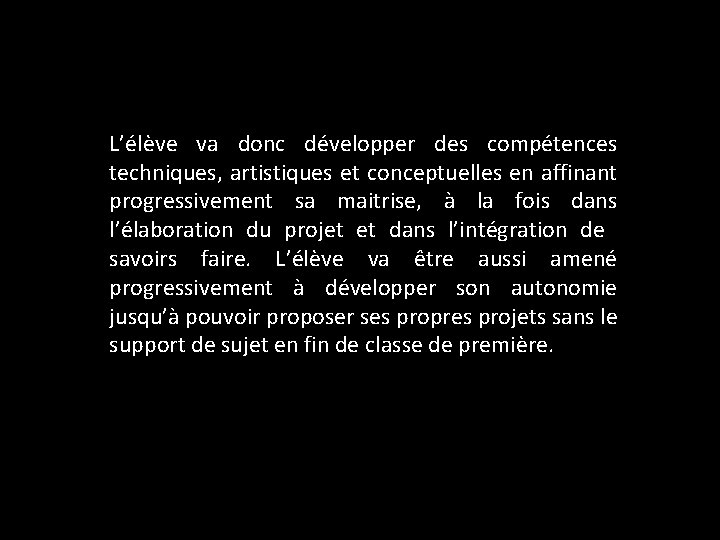 L’élève va donc développer des compétences techniques, artistiques et conceptuelles en affinant progressivement sa