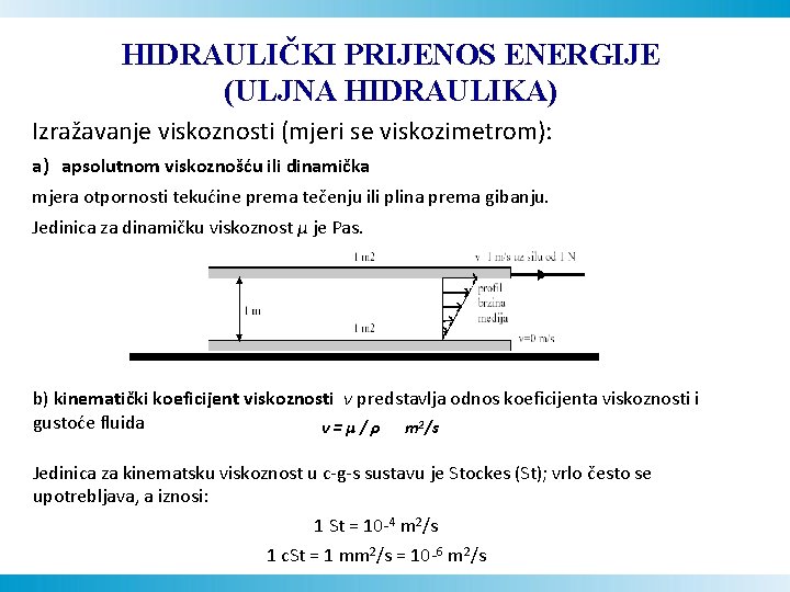 HIDRAULIČKI PRIJENOS ENERGIJE (ULJNA HIDRAULIKA) Izražavanje viskoznosti (mjeri se viskozimetrom): a) apsolutnom viskoznošću ili