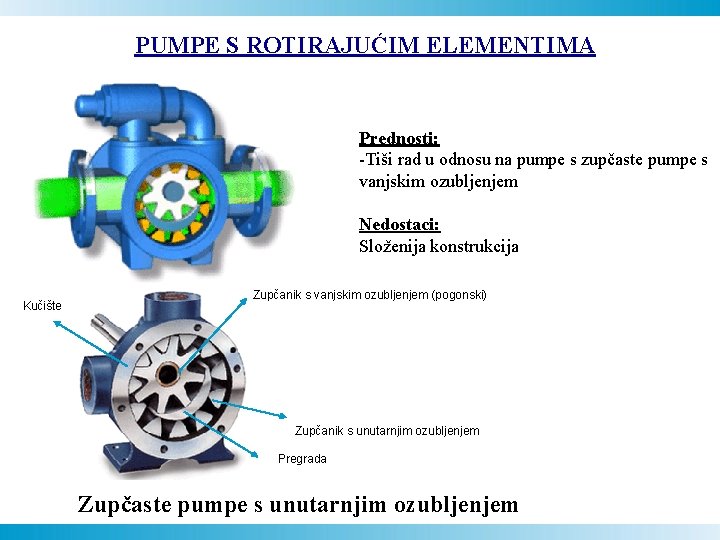 PUMPE S ROTIRAJUĆIM ELEMENTIMA Prednosti: -Tiši rad u odnosu na pumpe s zupčaste pumpe