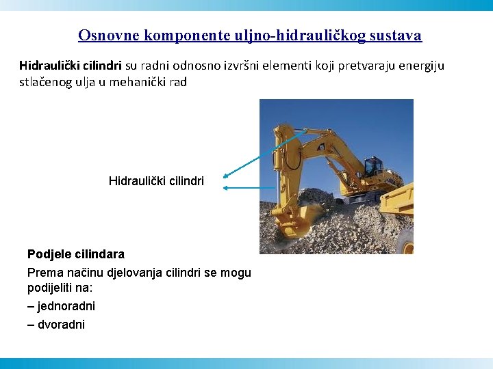 Osnovne komponente uljno-hidrauličkog sustava Hidraulički cilindri su radni odnosno izvršni elementi koji pretvaraju energiju