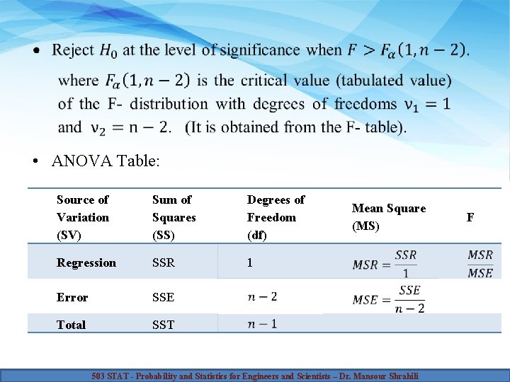 • ANOVA Table: Source of Variation (SV) Sum of Squares (SS) Degrees of • ANOVA Table: Source of Variation (SV) Sum of Squares (SS) Degrees of