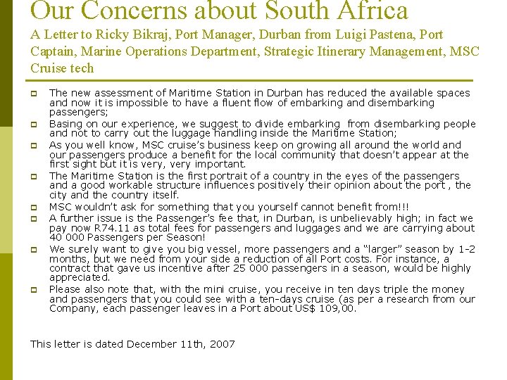Our Concerns about South Africa A Letter to Ricky Bikraj, Port Manager, Durban from
