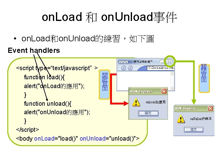 on. Load 和 on. Unload事件 • on. Load和on. Unload的練習，如下圖 Event handlers <script type=“text/javascript” >