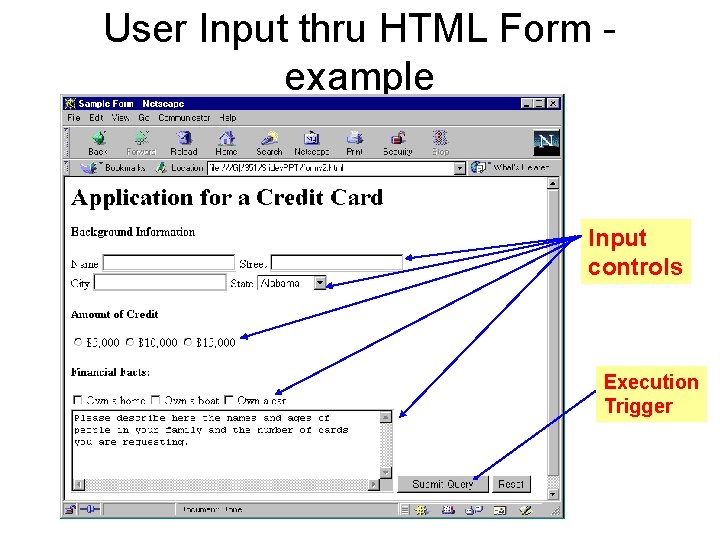 User Input thru HTML Form example Input controls Execution Trigger 