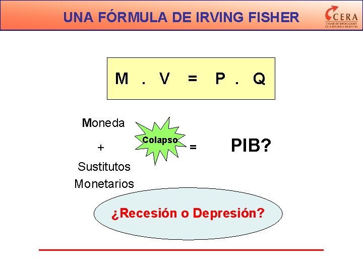 UNA FÓRMULA DE IRVING FISHER M. V = P. Q Moneda Colapso + =