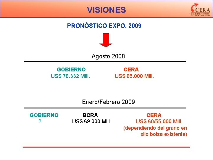 VISIONES PRONÓSTICO EXPO. 2009 Agosto 2008 GOBIERNO US$ 78. 332 Mill. CERA US$ 65.