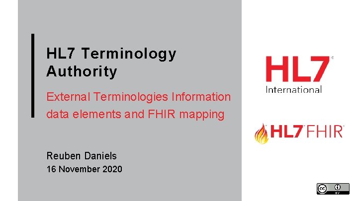 HL 7 Terminology Authority External Terminologies Information data elements and FHIR mapping Reuben Daniels