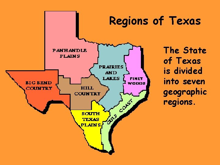 Regions of Texas The State of Texas is divided into seven geographic regions. 