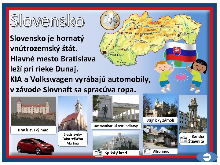 Slovensko je hornatý vnútrozemský štát. Hlavné mesto Bratislava leží pri rieke Dunaj. KIA a