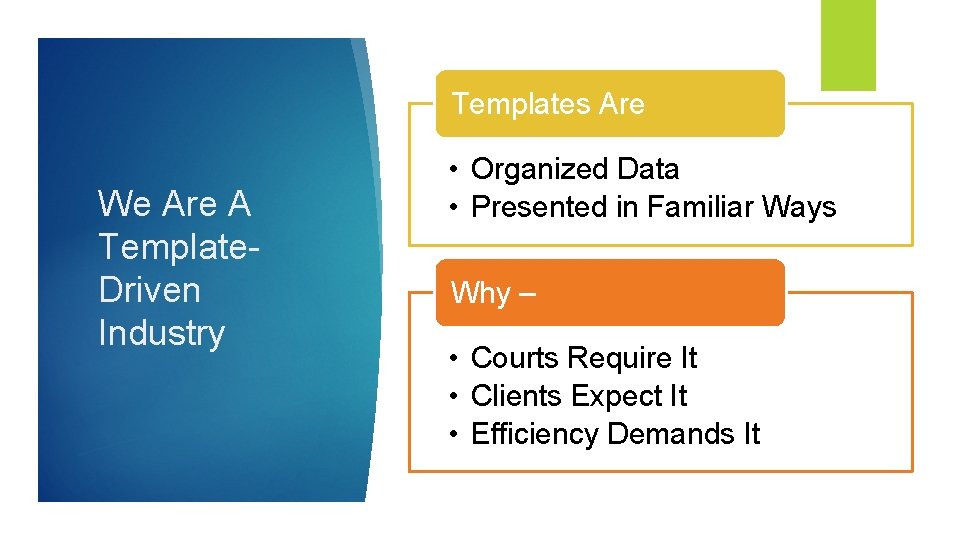 Templates Are We Are A Template. Driven Industry • Organized Data • Presented in