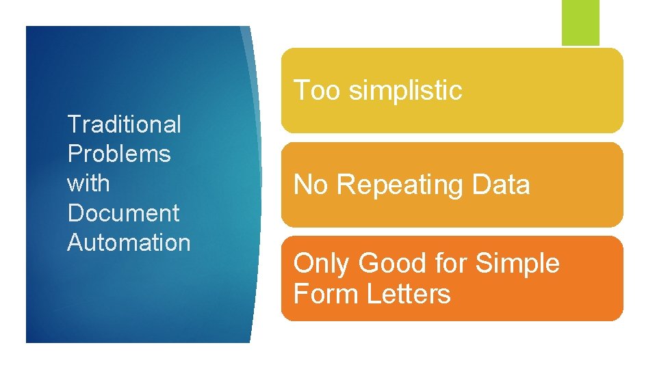 Too simplistic Traditional Problems with Document Automation No Repeating Data Only Good for Simple