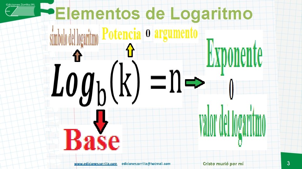 Elementos de Logaritmo www. edicioneszorrilla. com edicioneszorrilla@hotmail. com Cristo murió por mí 3 