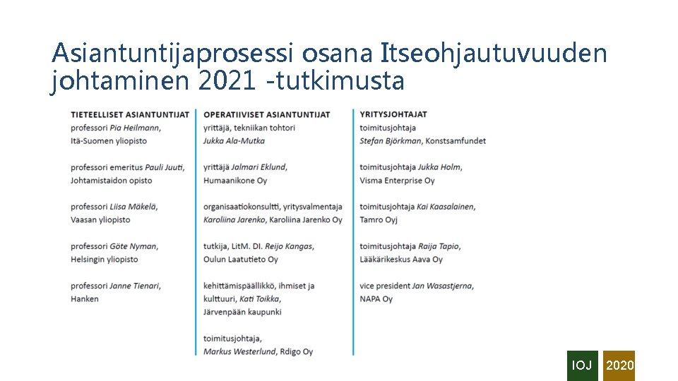 Asiantuntijaprosessi osana Itseohjautuvuuden johtaminen 2021 -tutkimusta IOJ 2020 