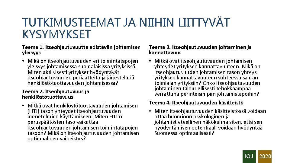 TUTKIMUSTEEMAT JA NIIHIN LIITTYVÄT KYSYMYKSET Teema 1. Itseohjautuvuutta edistävän johtamisen yleisyys • Mikä on