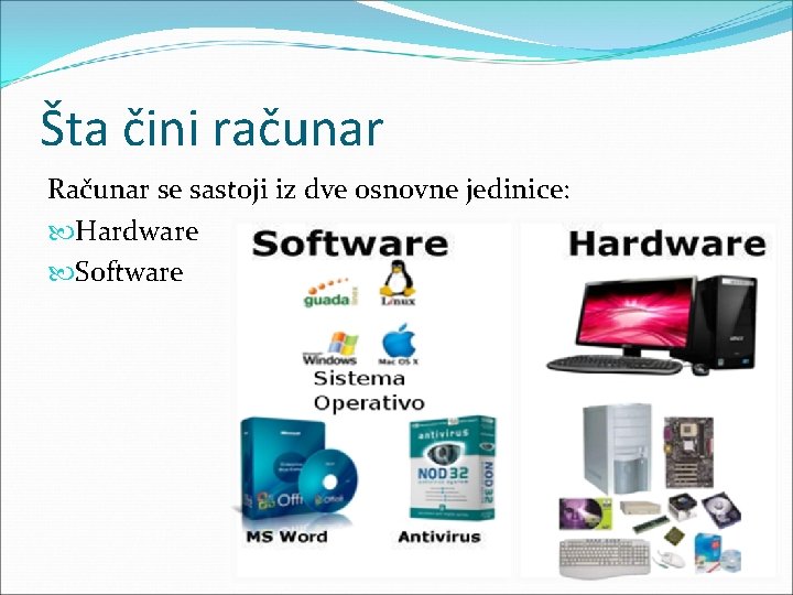 Šta čini računar Računar se sastoji iz dve osnovne jedinice: Hardware Software 