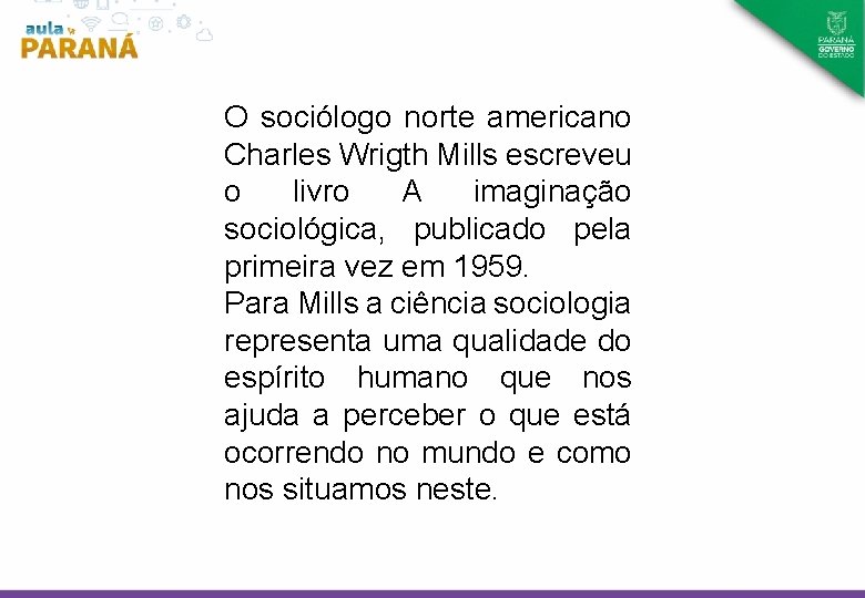 O sociólogo norte americano Charles Wrigth Mills escreveu o livro A imaginação sociológica, publicado