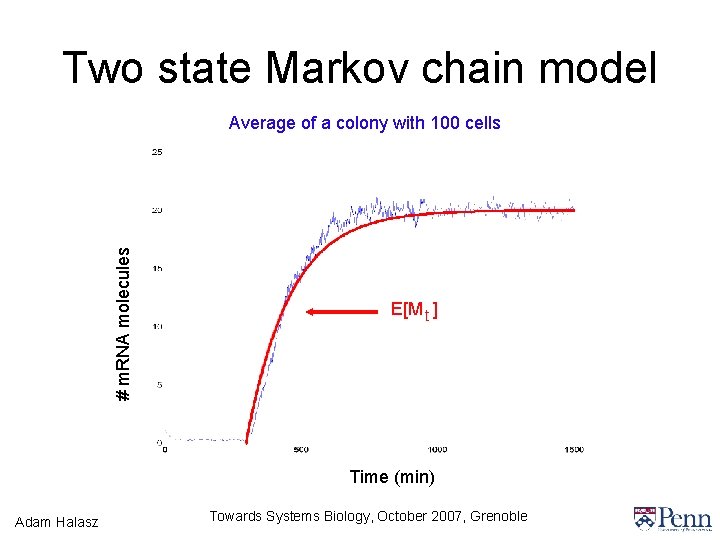 Two state Markov chain model # m. RNA molecules Average of a colony with