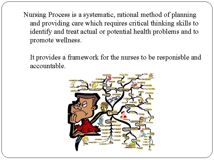 Nursing Process is a systematic, rational method of planning and providing care which requires