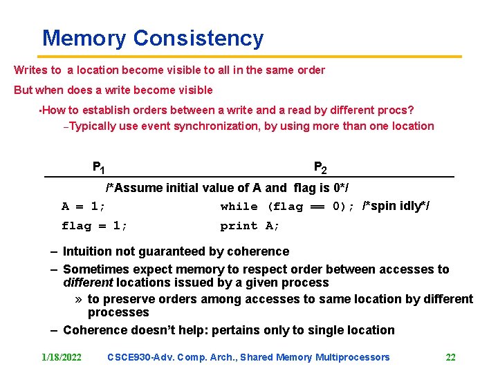 Memory Consistency Writes to a location become visible to all in the same order