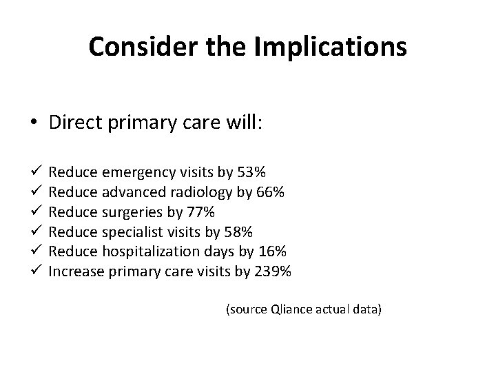 Consider the Implications • Direct primary care will: ü ü ü Reduce emergency visits