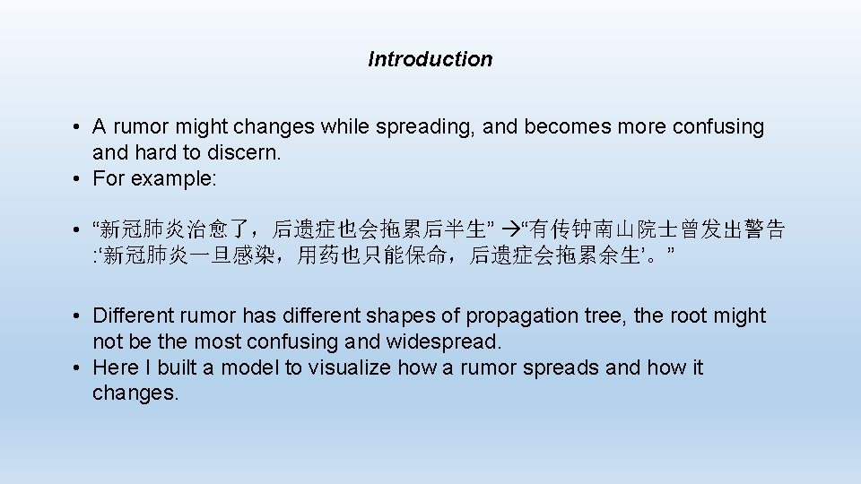 Introduction • A rumor might changes while spreading, and becomes more confusing and hard