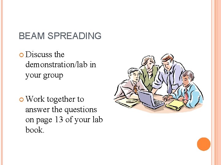BEAM SPREADING Discuss the demonstration/lab in your group Work together to answer the questions