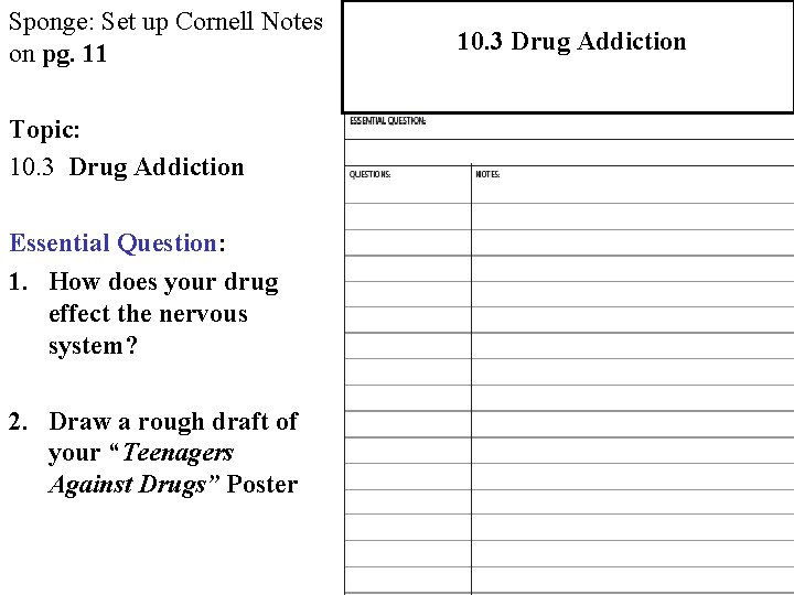 Sponge: Set up Cornell Notes on pg. 11 Topic: 10. 3 Drug Addiction Essential