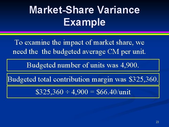 Market-Share Variance Example To examine the impact of market share, we need the budgeted Market-Share Variance Example To examine the impact of market share, we need the budgeted