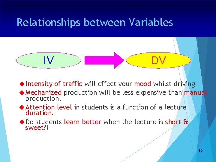 Relationships between Variables IV DV Intensity of traffic will effect your mood whilst driving